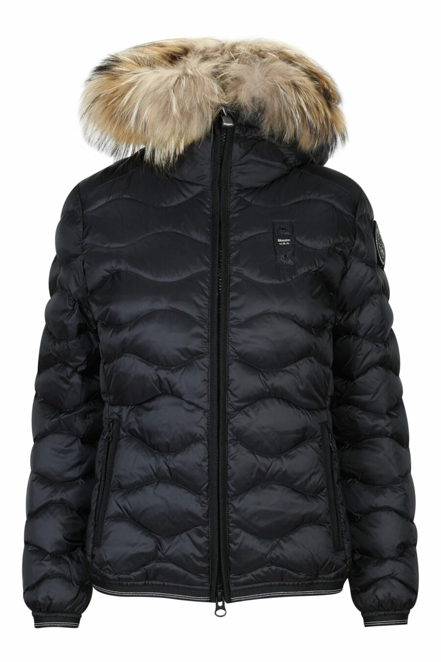 Black hooded fur hoodie with wavy lines and logo patch - 8058610692520 scaled