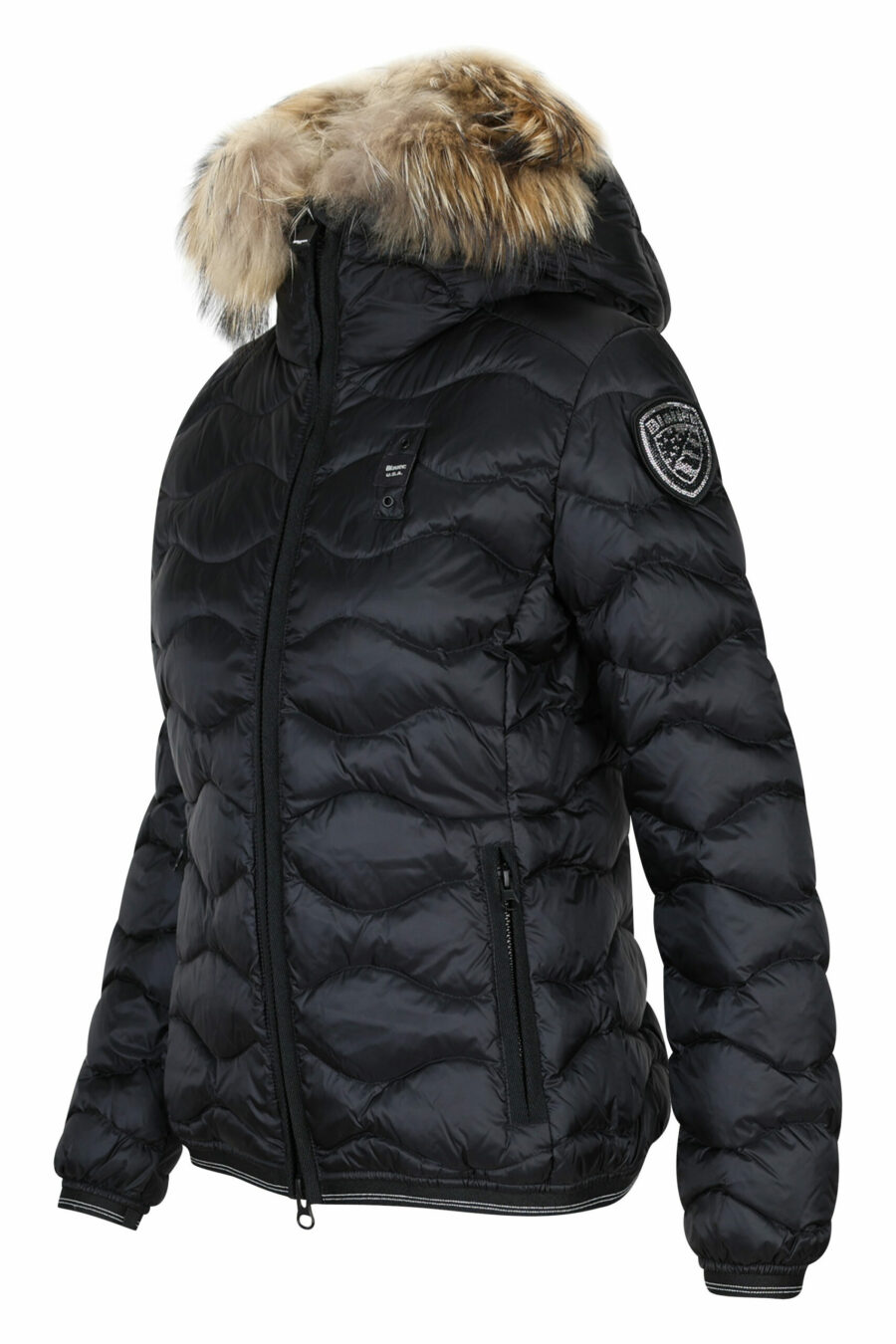 Black hooded fur hoodie with wavy lines and logo patch - 8058610692520 1 scaled
