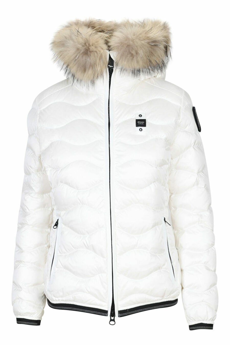 White hooded fur hoodie with wavy lines and logo patch - 8058610692582 scaled