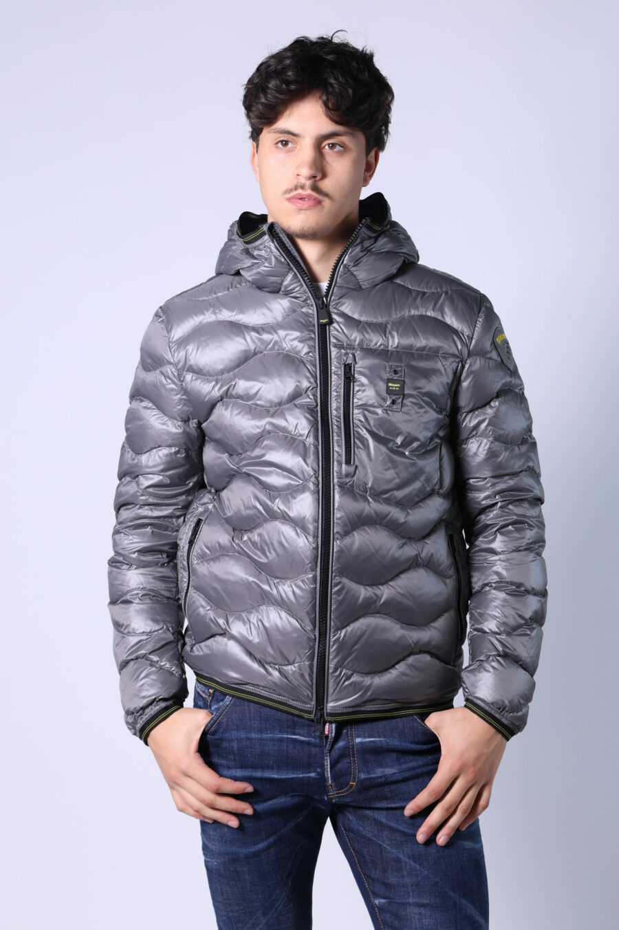 Grey hooded hooded jacket with wavy lines and logo patch - Untitled Catalog 05365