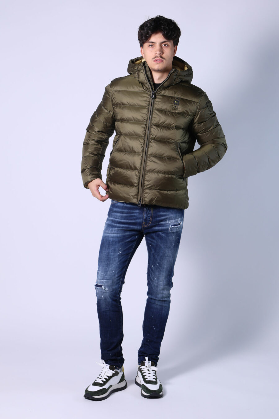 Military green hooded jacket with straight lines and yellow interior - Untitled Catalog 05415