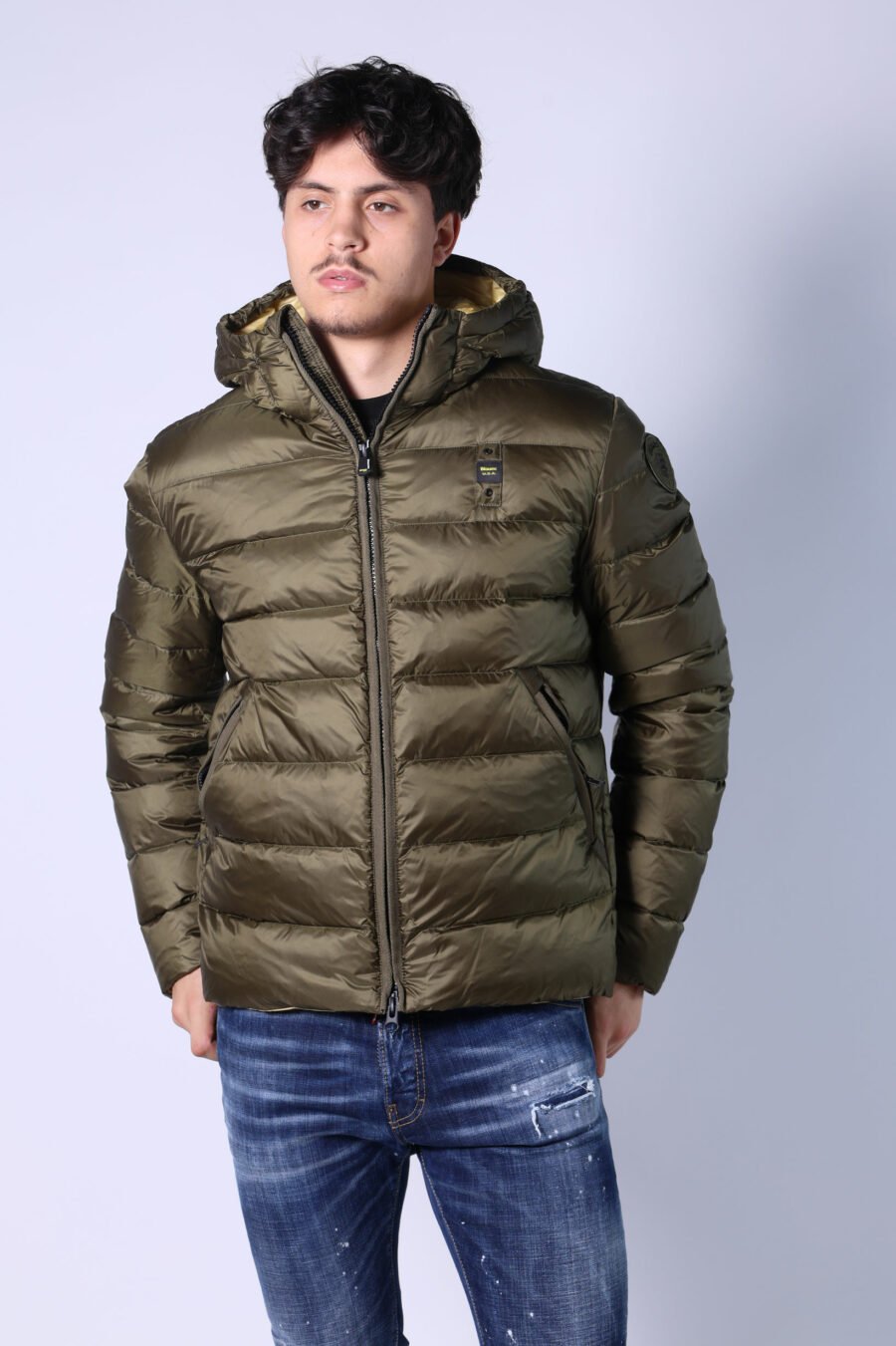 Military green hooded jacket with straight lines and yellow interior - Untitled Catalog 05416