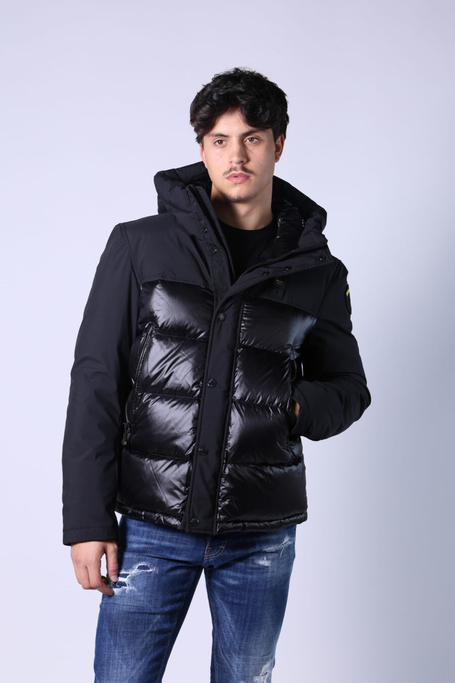 Black mix hooded jacket with logo patch - Untitled Catalog 05538