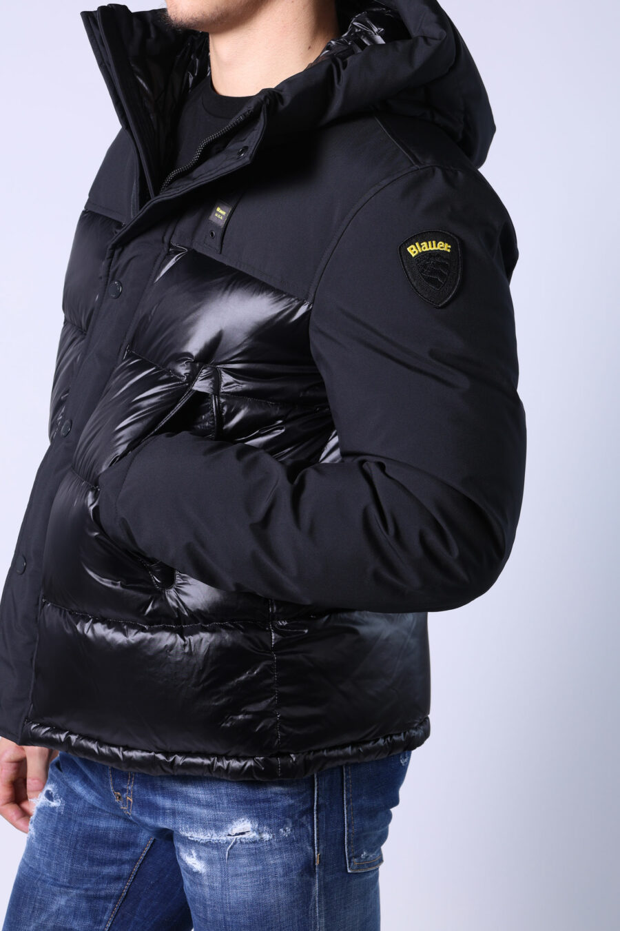 Black mix hooded jacket with logo patch - Untitled Catalog 05539