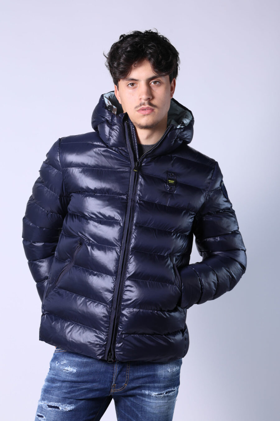Blue hooded jacket with straight lines and light blue interior - Untitled Catalog 05574