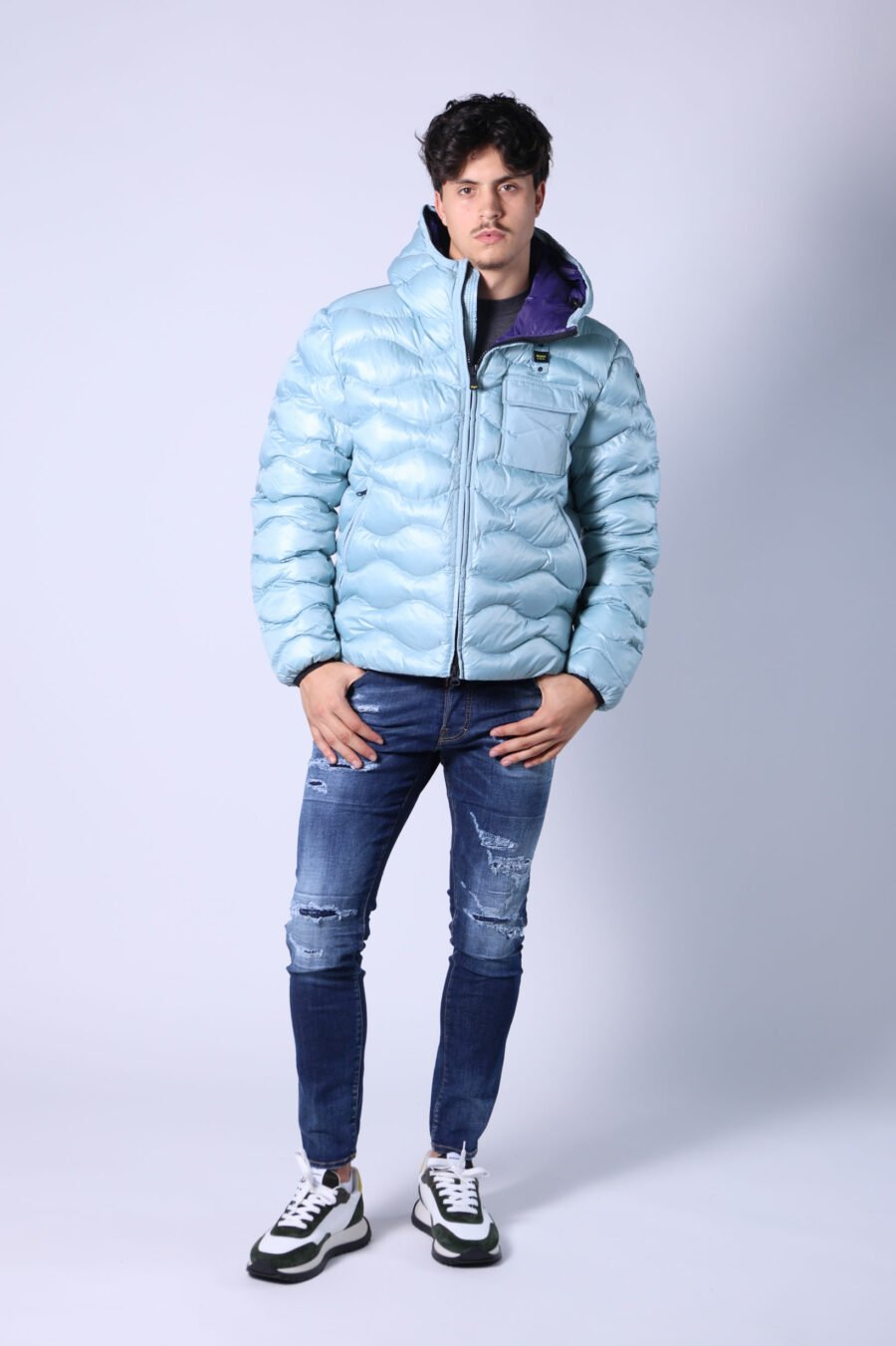 Light blue hooded puffer jacket with wavy lines and violet lining - Untitled Catalog 05581