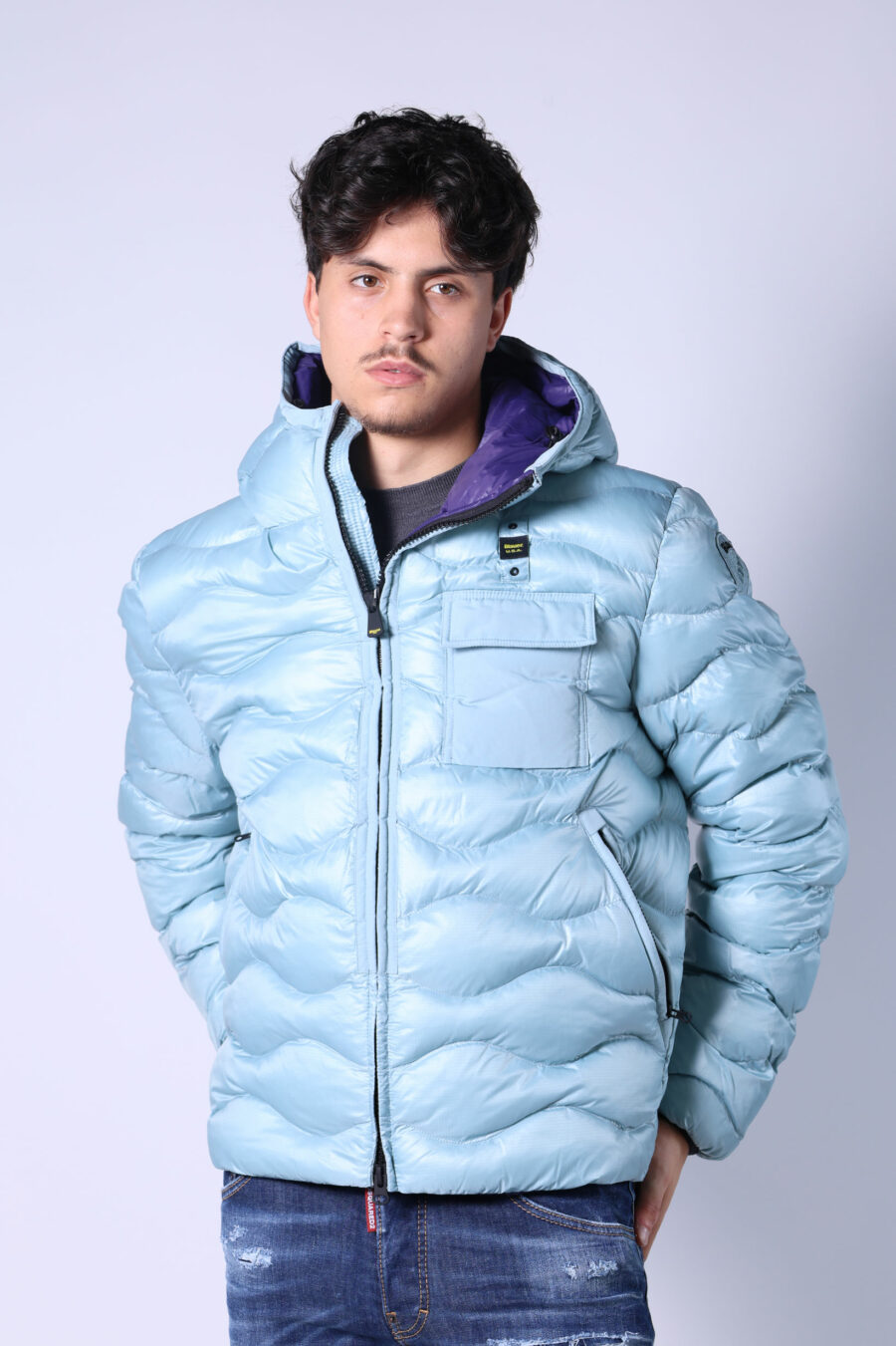 Light blue hooded puffer jacket with wavy lines and violet lining - Untitled Catalog 05582