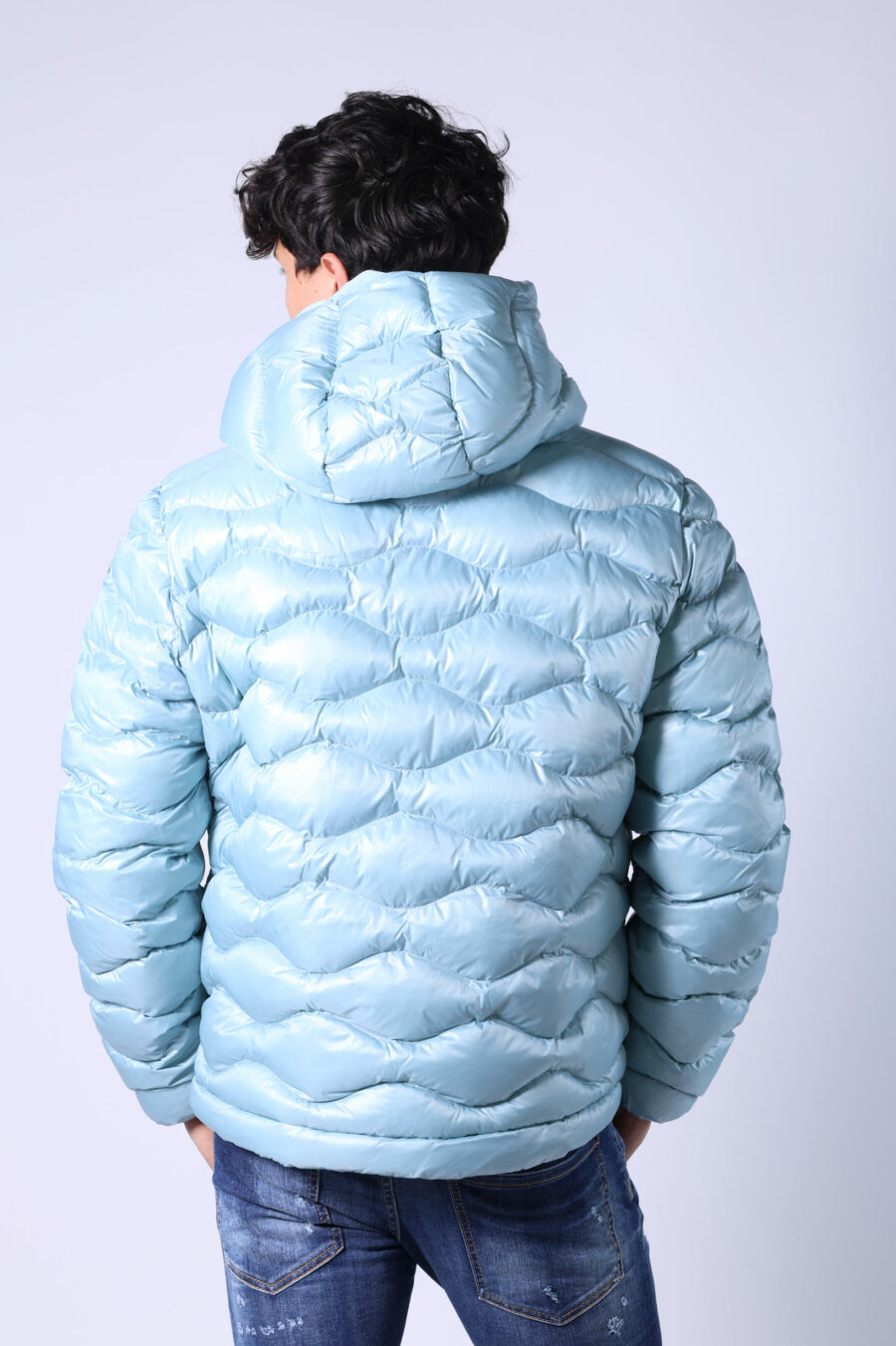 Light blue hooded puffer jacket with wavy lines and violet lining - Untitled Catalog 05584