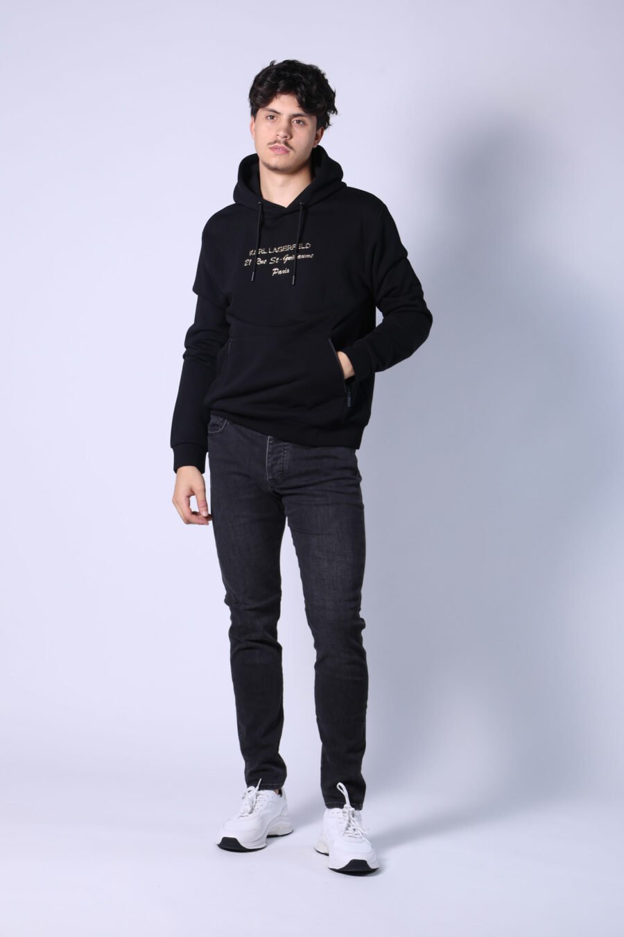 Black hooded sweatshirt with gold lettering "rue st guillaume" logo - Untitled Catalog 05727