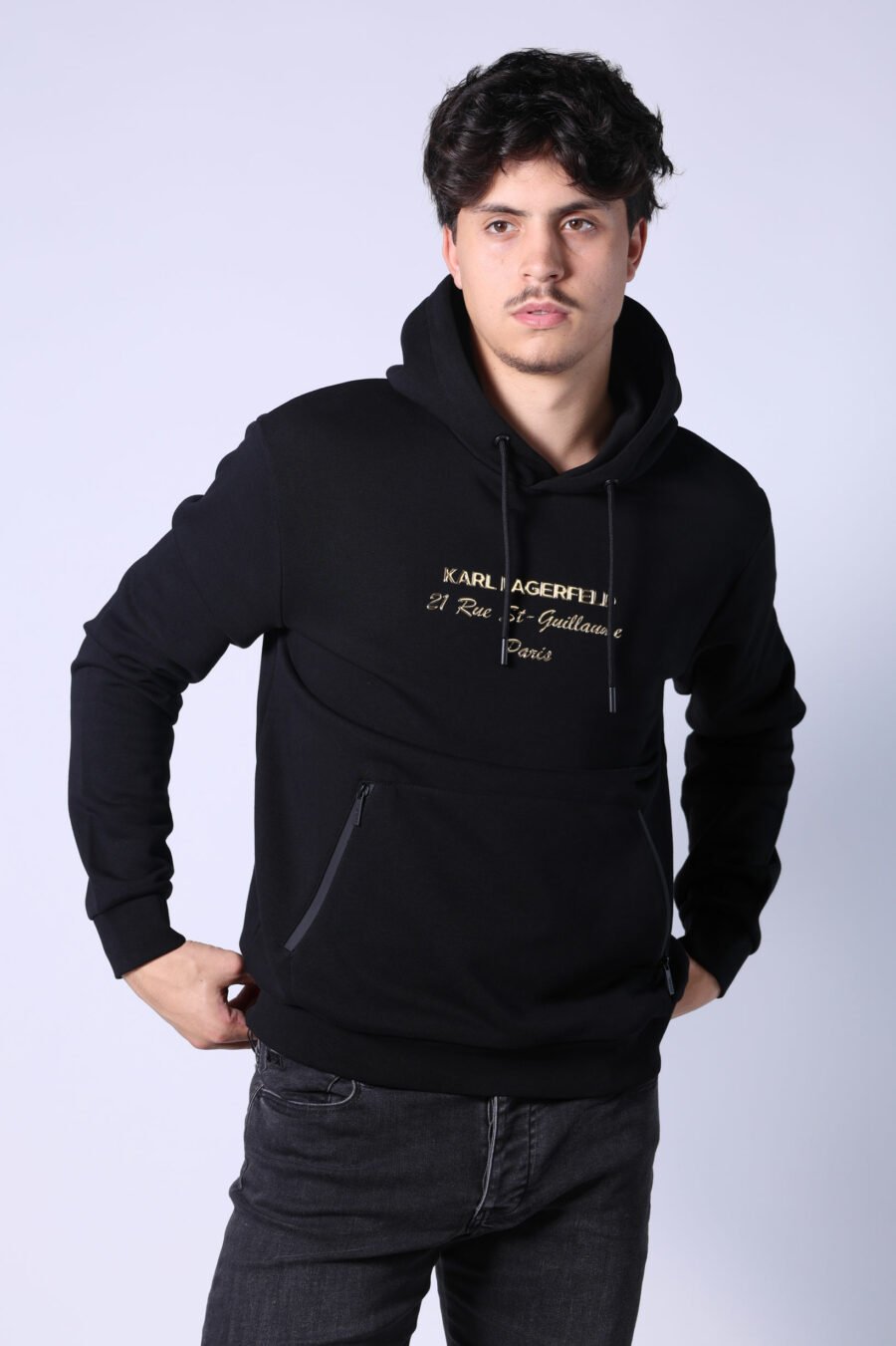 Black hooded sweatshirt with gold lettering "rue st guillaume" logo - Untitled Catalog 05728
