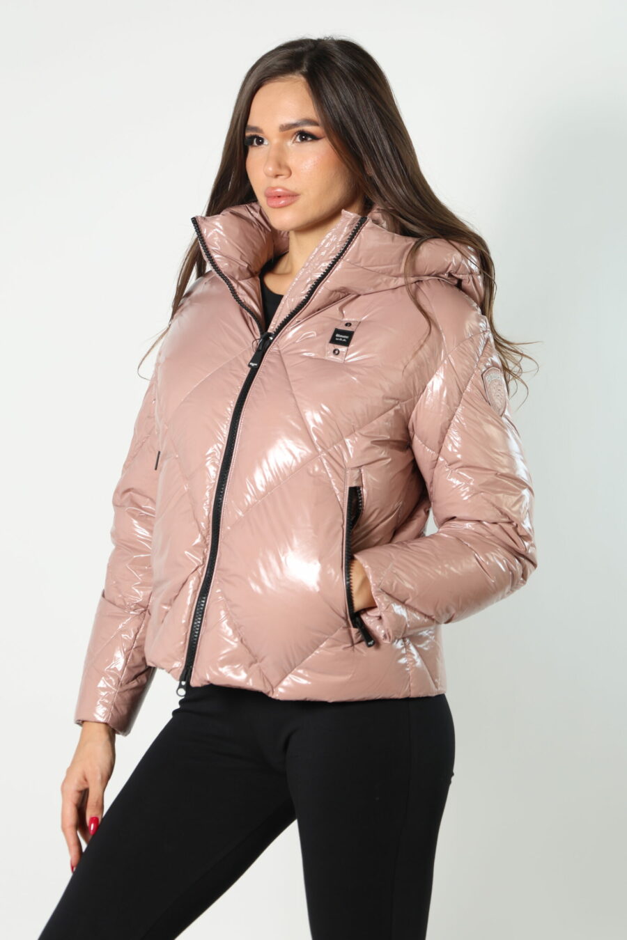 Pale pink hooded jacket with diagonal lines and logo patch - 8052865435499 80 scaled