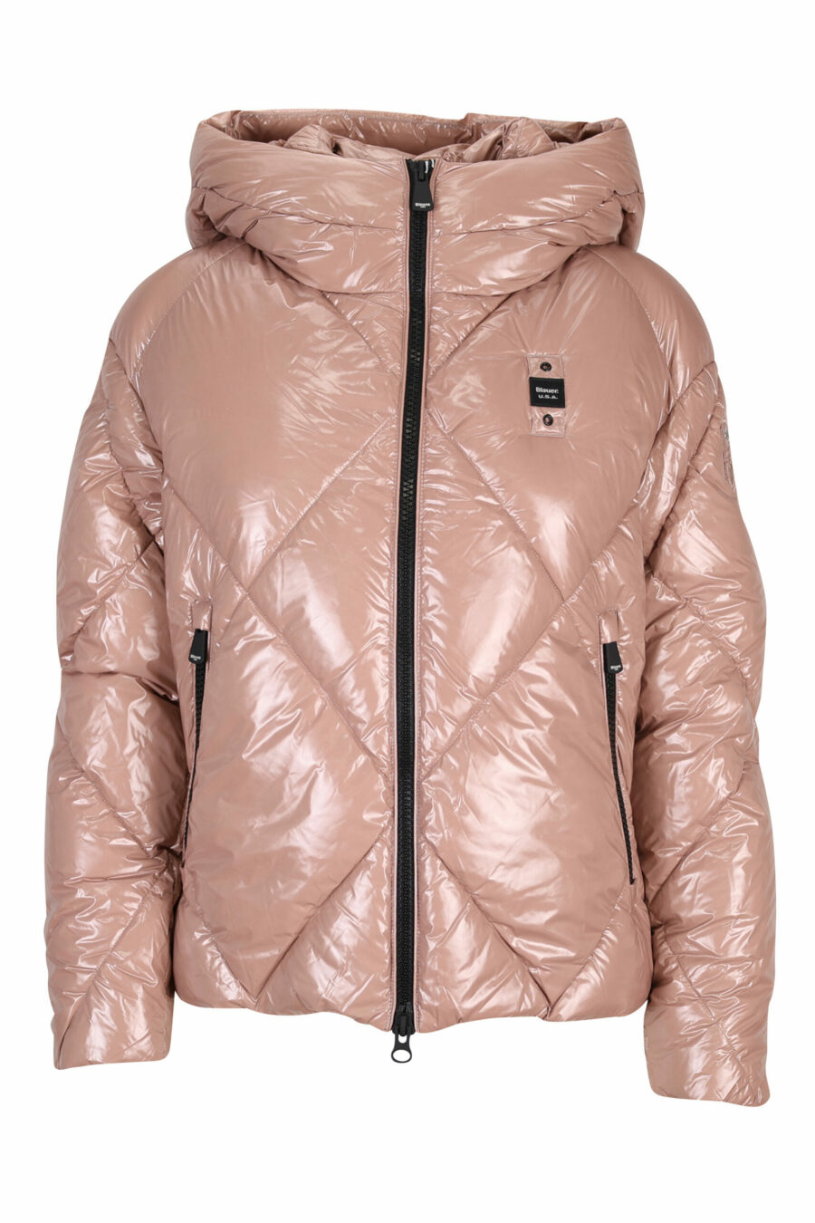 Pale pink hooded jacket with diagonal lines and logo patch - 8058610611965 scaled