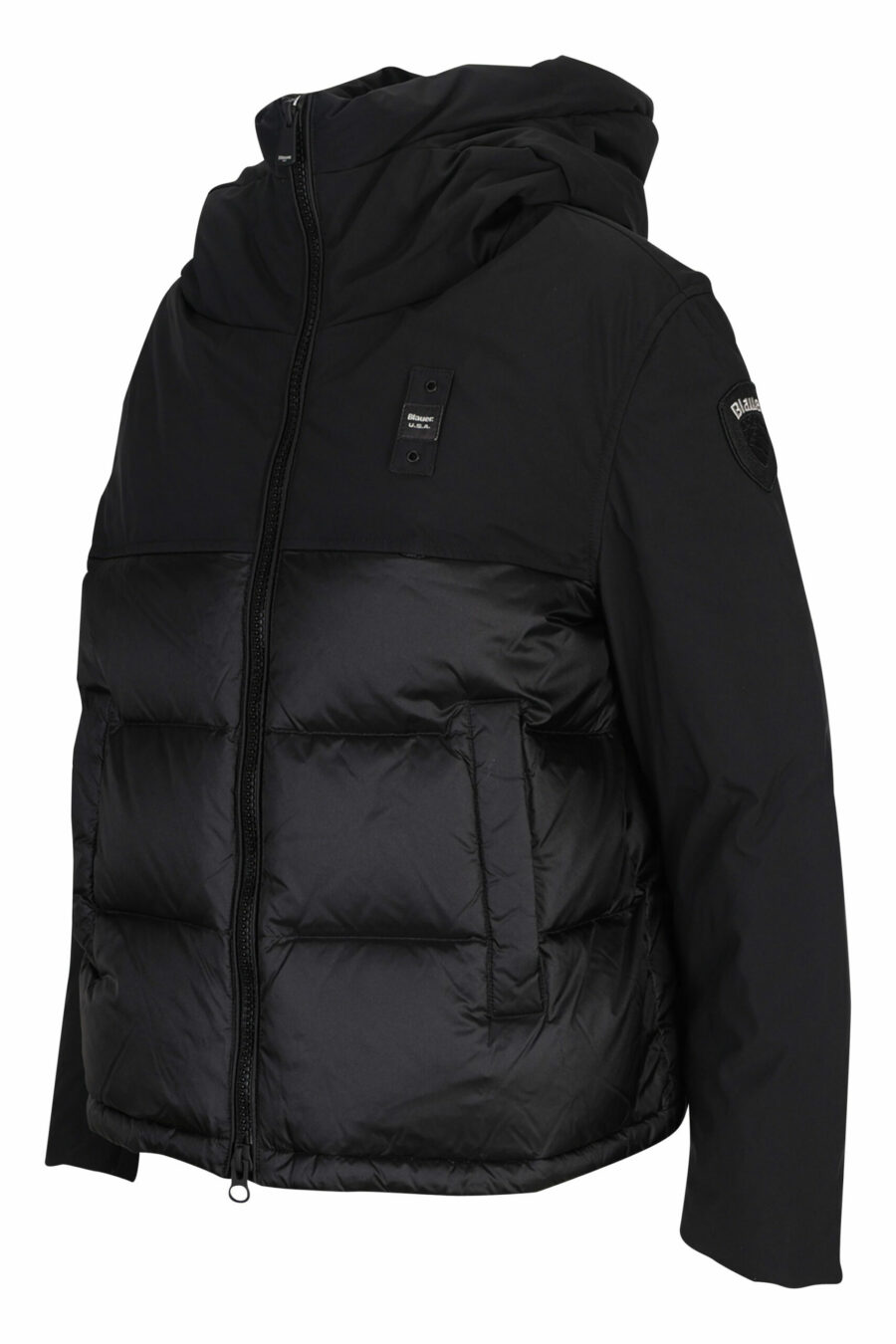 Black hooded jacket with straight lines and logo patch - 8058610647407 1 scaled