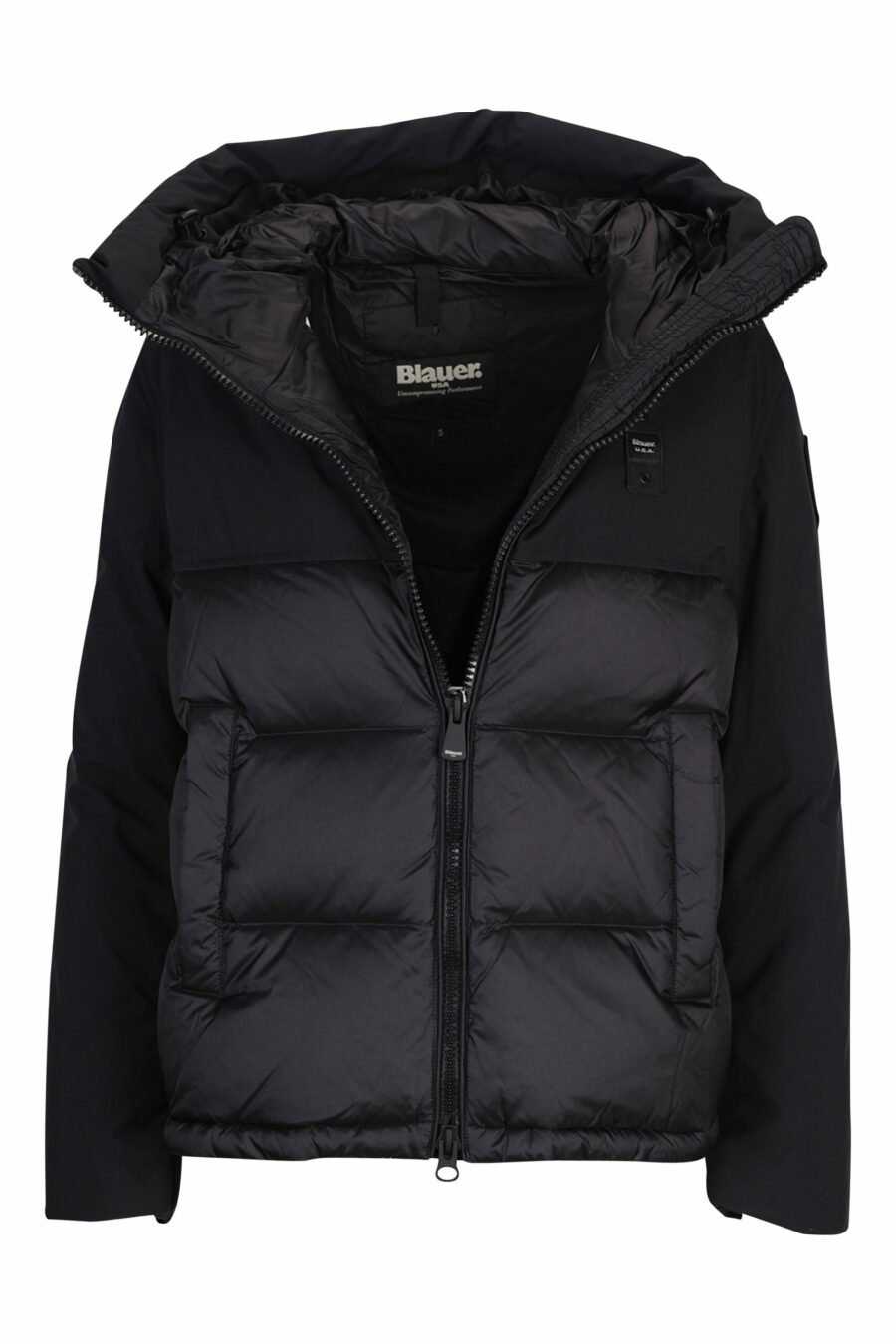 Black hooded jacket with straight lines and logo patch - 8058610647407 3 scaled