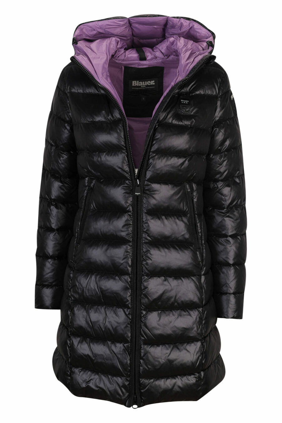 Long black waterproof mackintosh with hood and straight lines with violet lining - 8058610685157 3 scaled