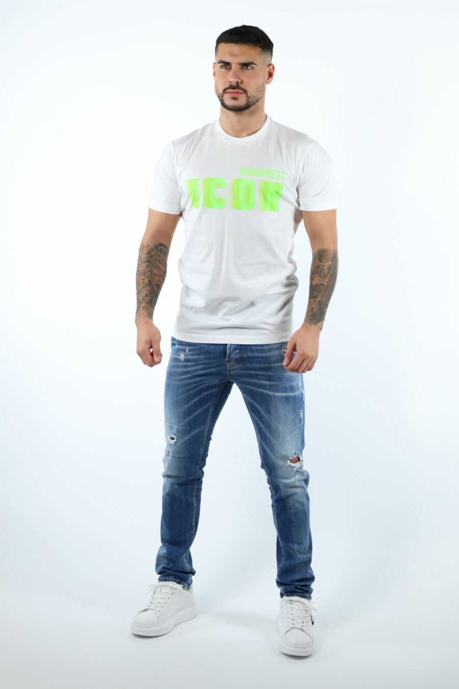 Weißes T-Shirt mit "Icon" Maxilogo neongrün verwischt - 106631