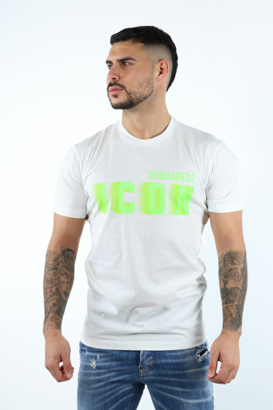 Weißes T-Shirt mit "Icon" Maxilogo neongrün verwischt - 106632