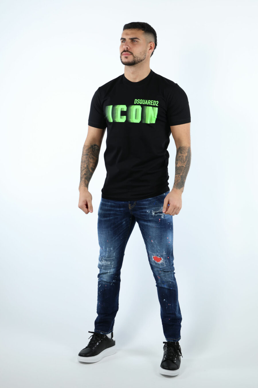 Schwarzes T-Shirt mit neongrünem unscharfem "Icon" Maxilogo - 106920