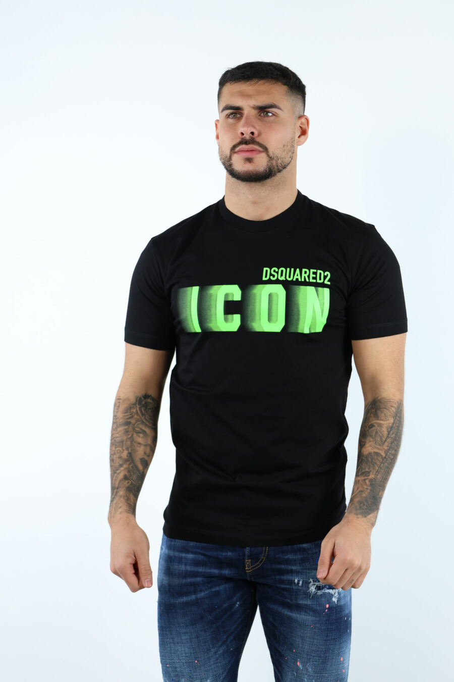 Schwarzes T-Shirt mit neongrünem, verschwommenem "Icon" Maxilogo - 106921