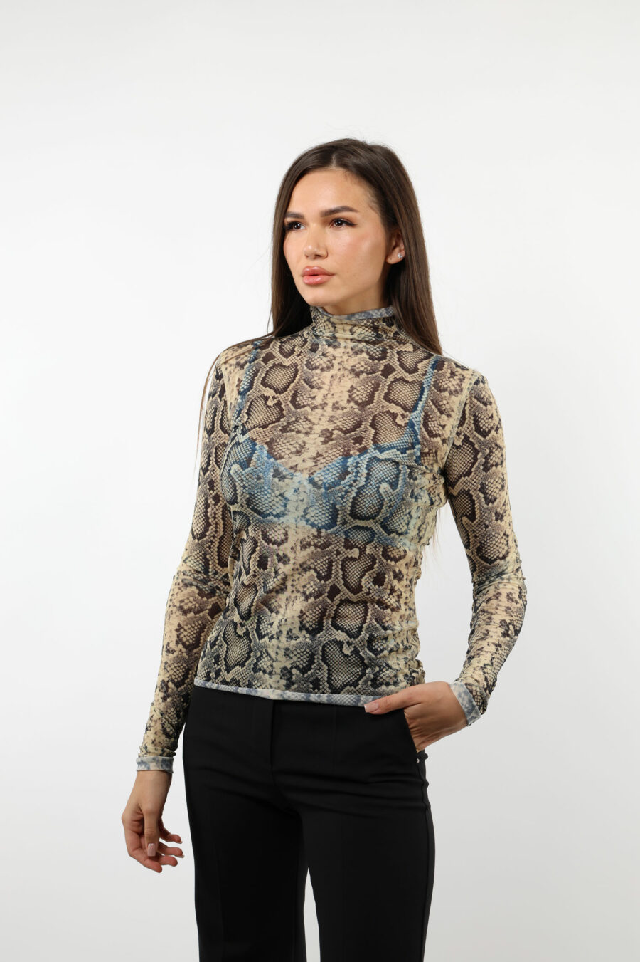 Beige T-shirt with snake print, long sleeves and semi-transparent - 109273