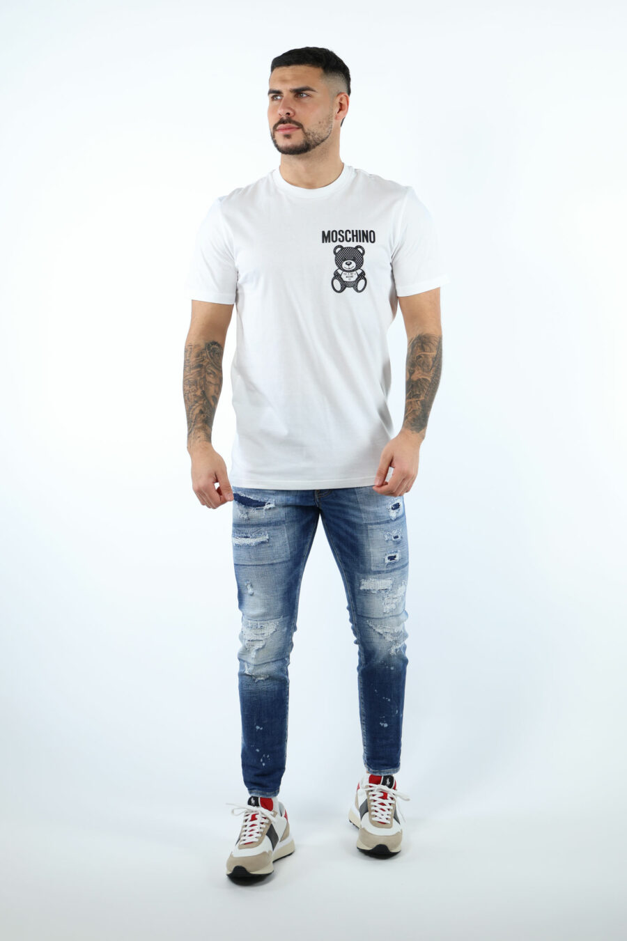 T-shirt blanc avec mini-logo ours monochrome en pointillés - 106663