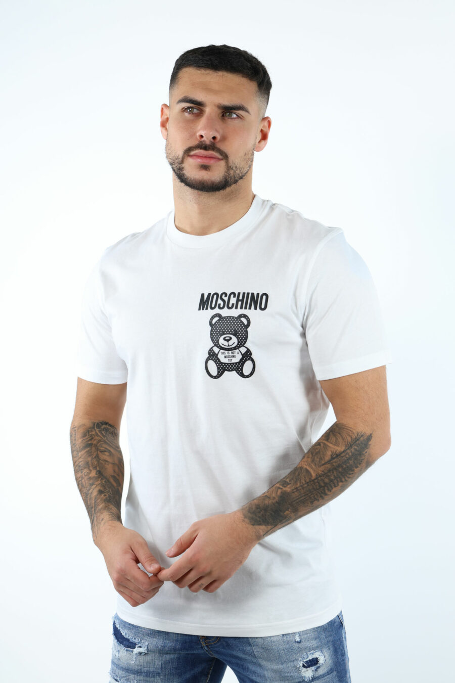 T-shirt blanc avec mini-logo ours monochrome en pointillés - 106664