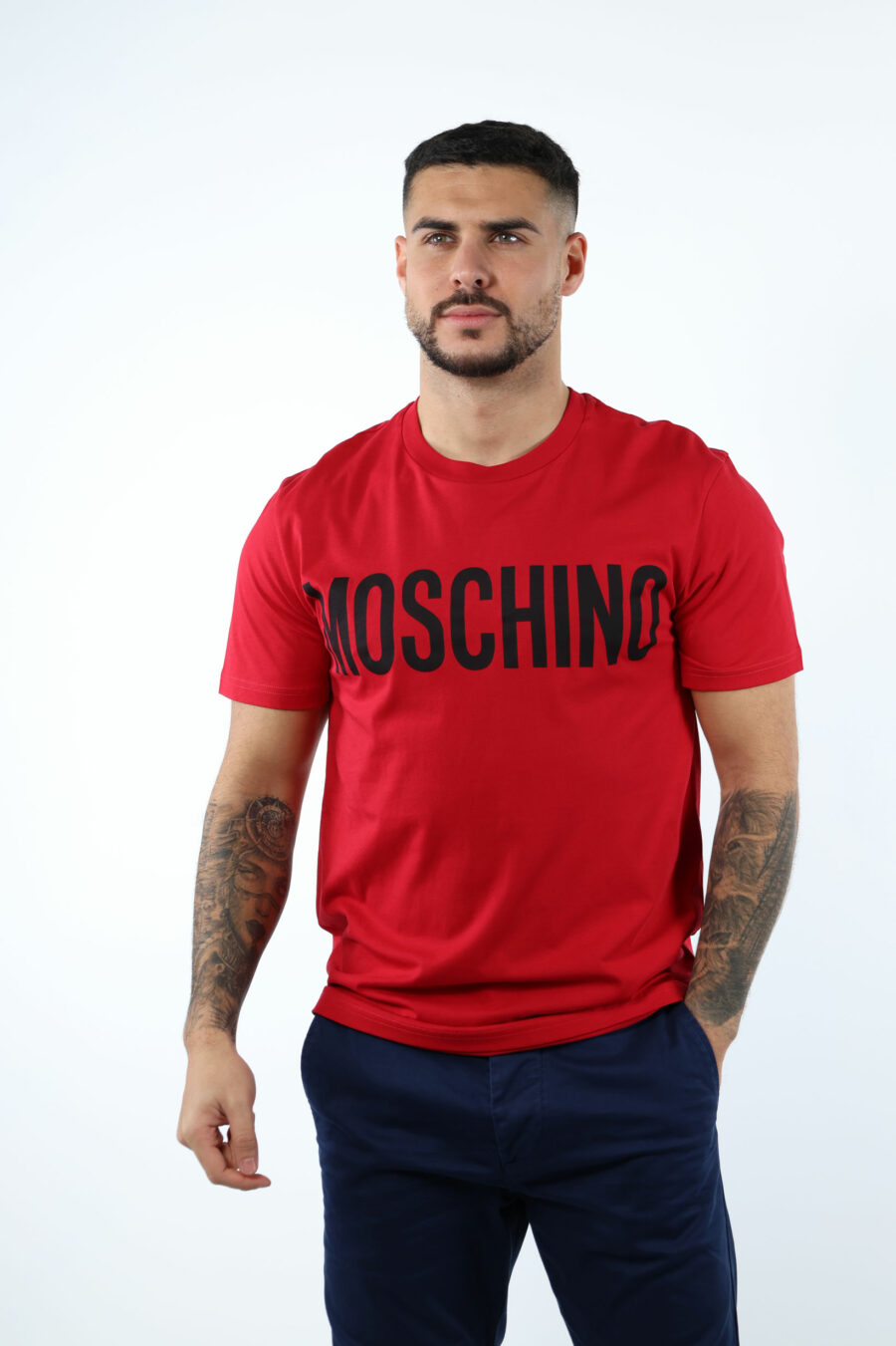 T-shirt oversize en coton bio rouge avec maxilogue noir classique - 106720