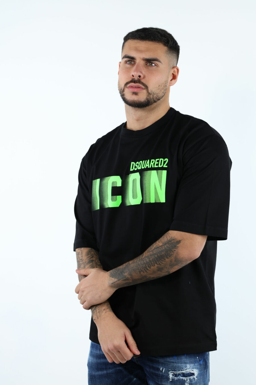 Black oversize T-shirt with neon green blurred "icon" maxilogo - 106932