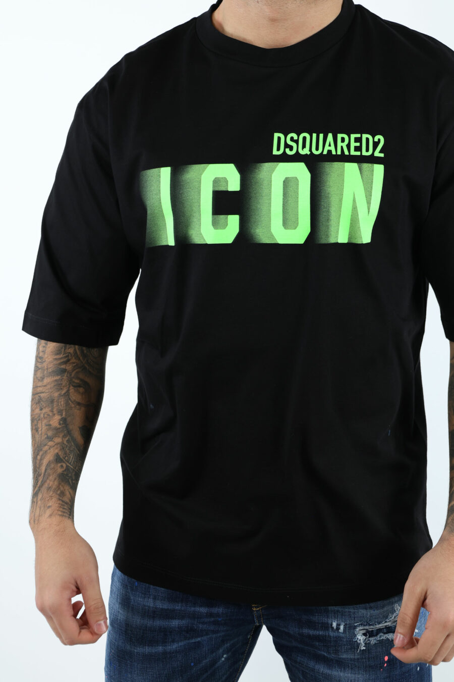 Black oversize T-shirt with neon green blurred "icon" maxilogo - 106933