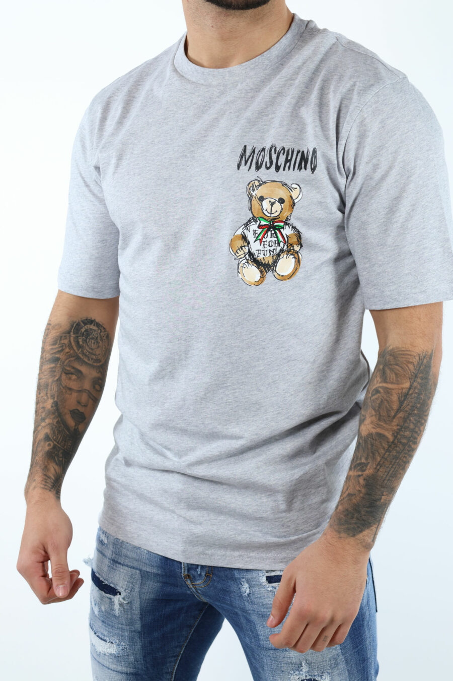 T-shirt gris avec dessin d'un mini-logo d'ours - 107038