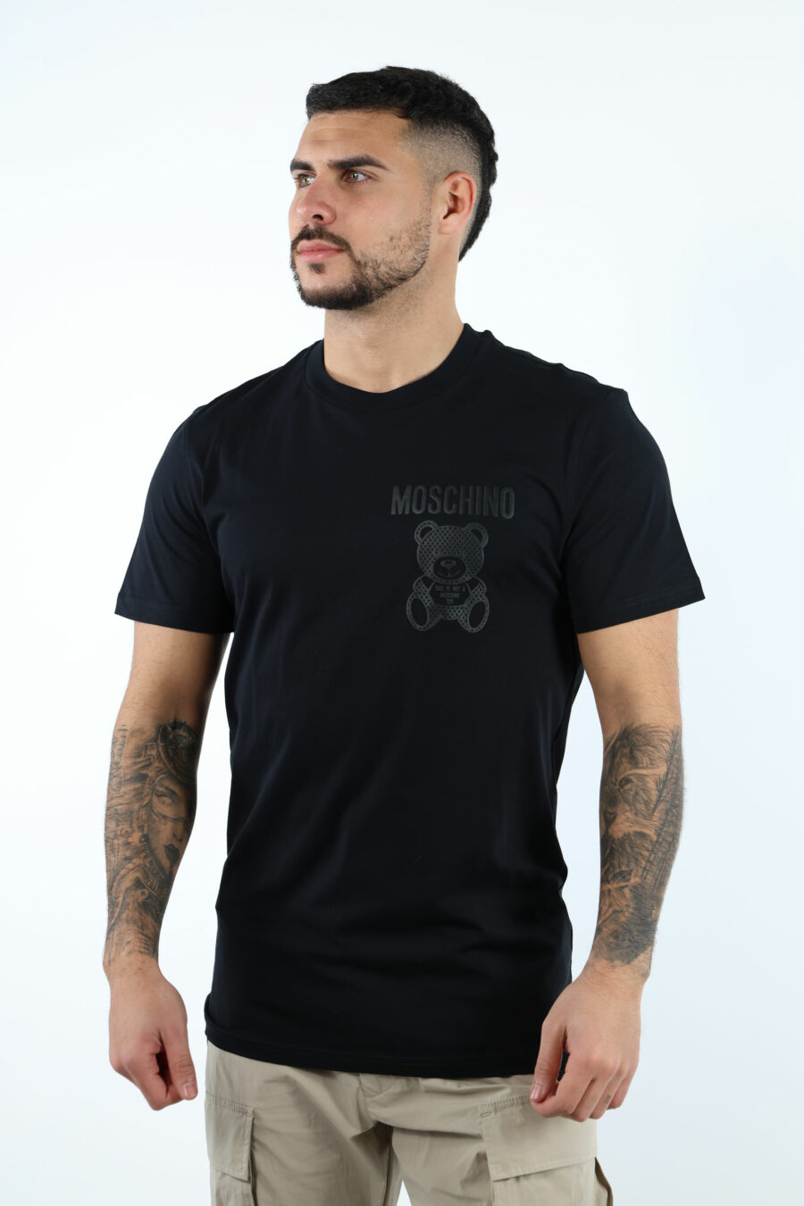 T-shirt noir avec mini-logo ours monochrome en pointillés - 107089