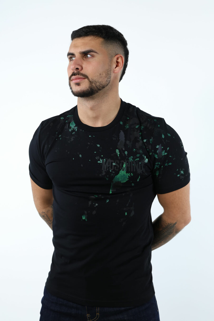 Black T-shirt with minilogo "couture milano" with multicoloured "splash" - 107168