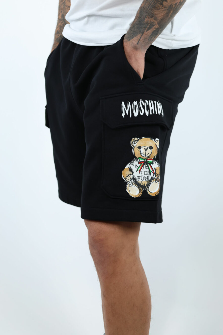 Pantalón de chándal negro de algodón orgánico estilo cargo y logo oso dibujo - 107287