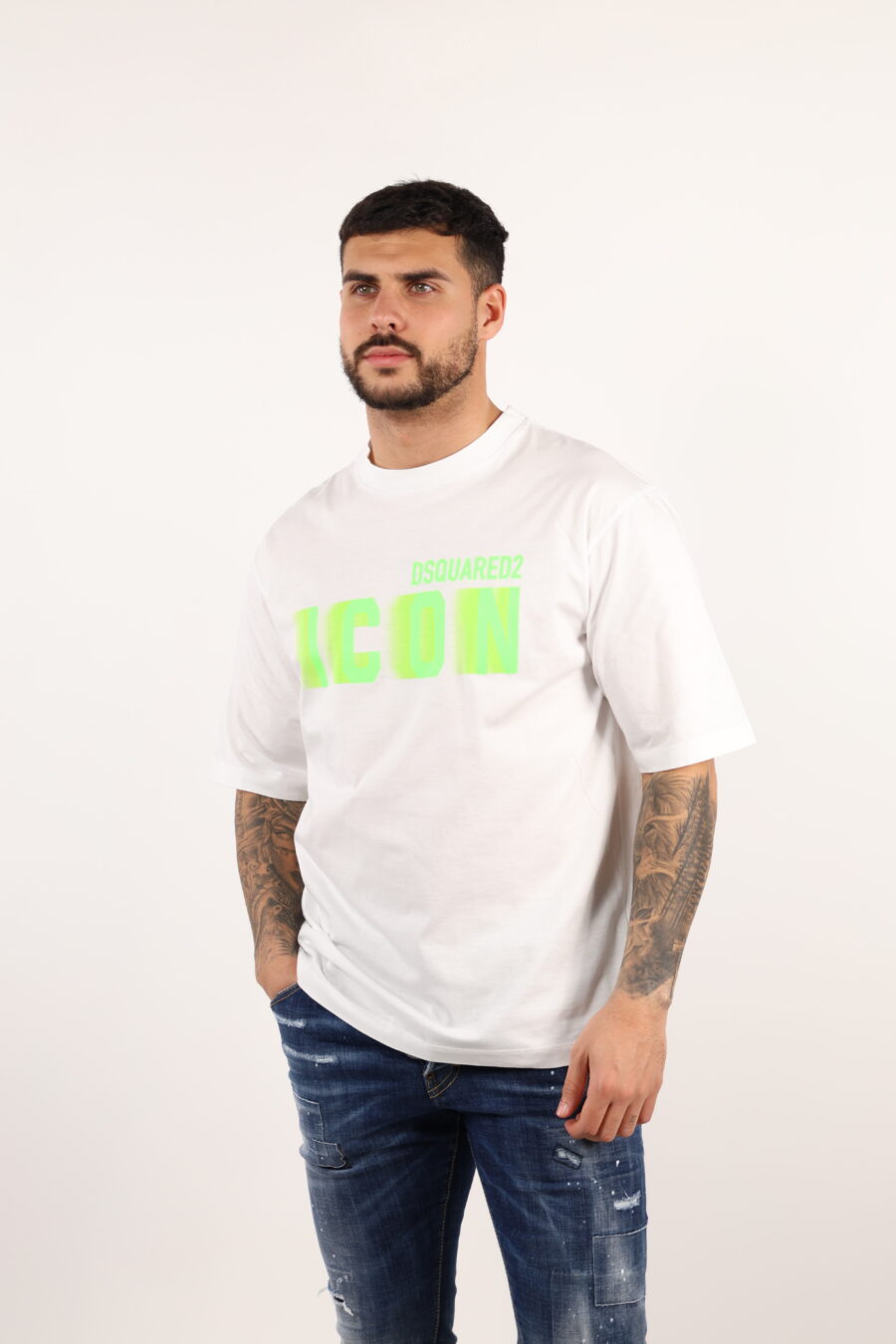 Camiseta blanca "oversize" con maxilogo "icon" verde neon borroso - 109142