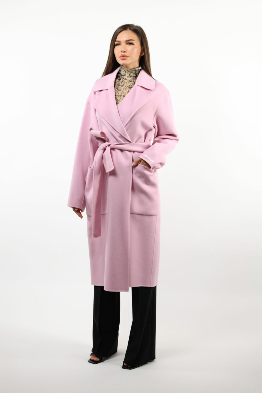 Casaco comprido de lã cor-de-rosa com bolsos - 109289