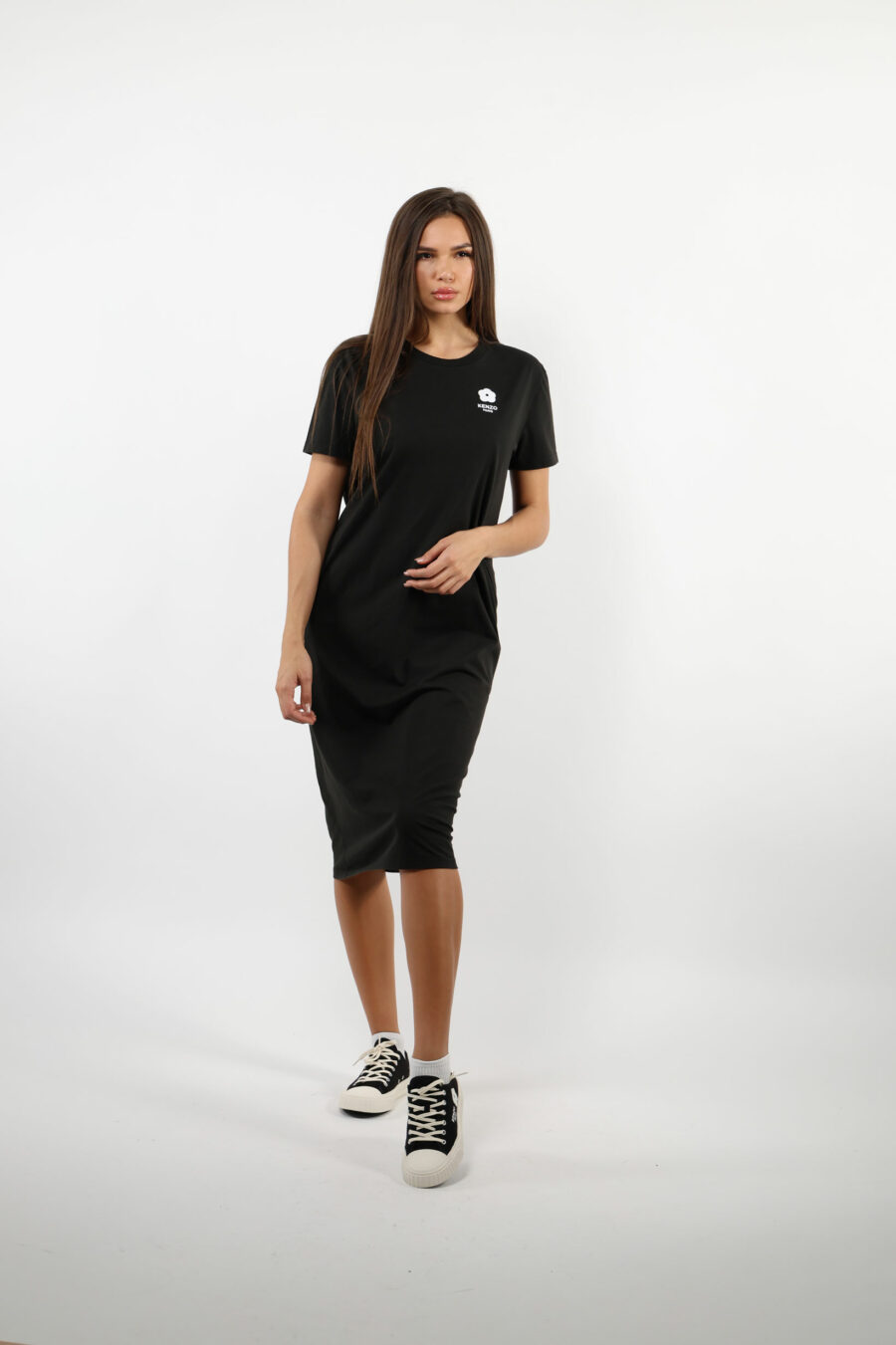 Long black polo style dress with white "boke flower" mini logo - 109524