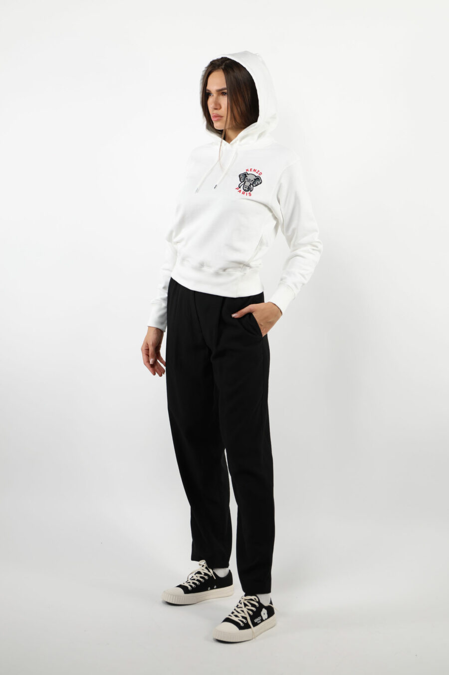 White hooded sweatshirt with mini logo "kenzo elephant" - 109645