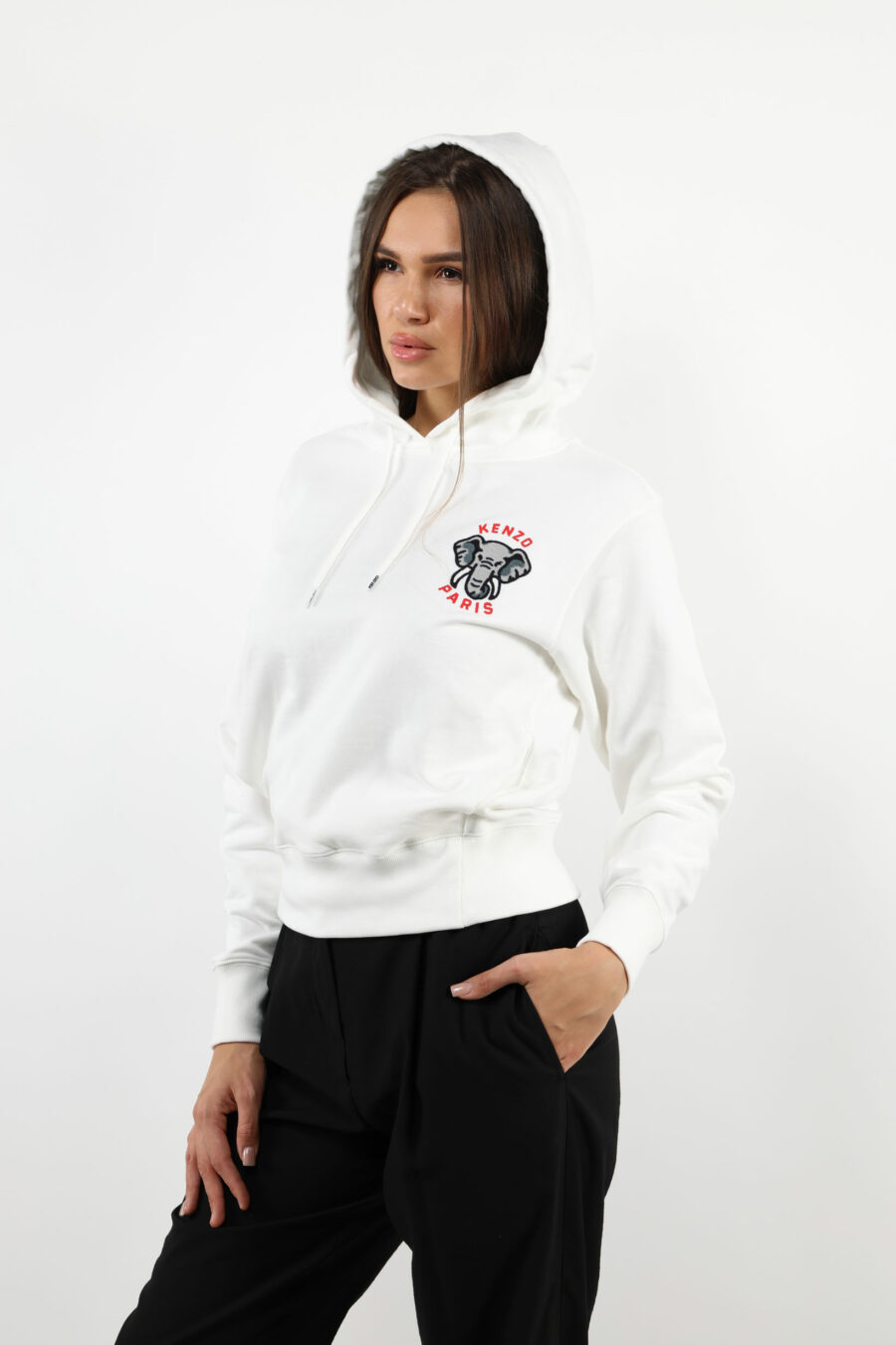 White hooded sweatshirt with mini logo "kenzo elephant" - 109646