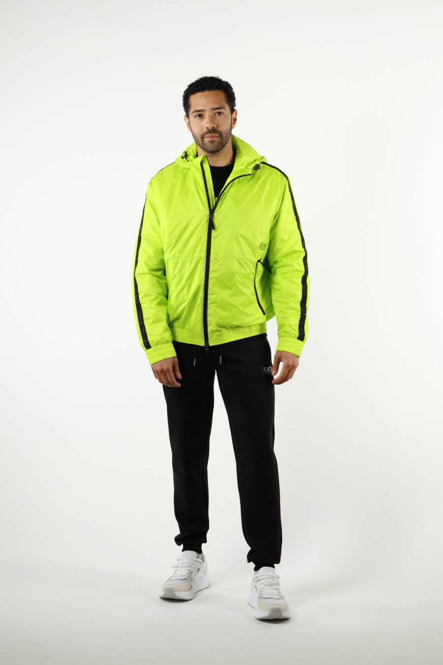 Lime green waterproof jacket with hood, white side lines and "lux identity" logo - 110967