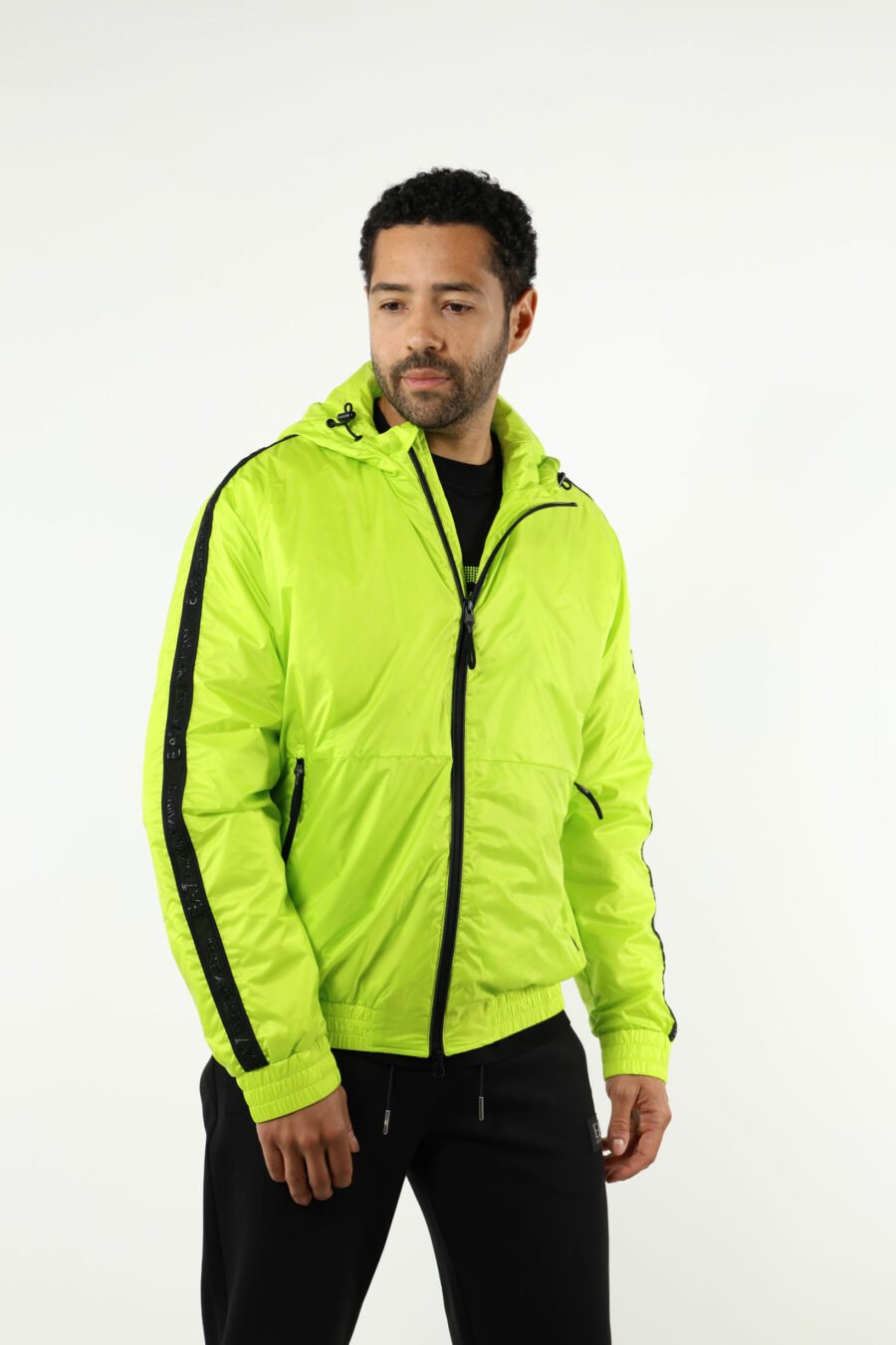 Lime green waterproof jacket with hood, white side lines and "lux identity" logo - 110968