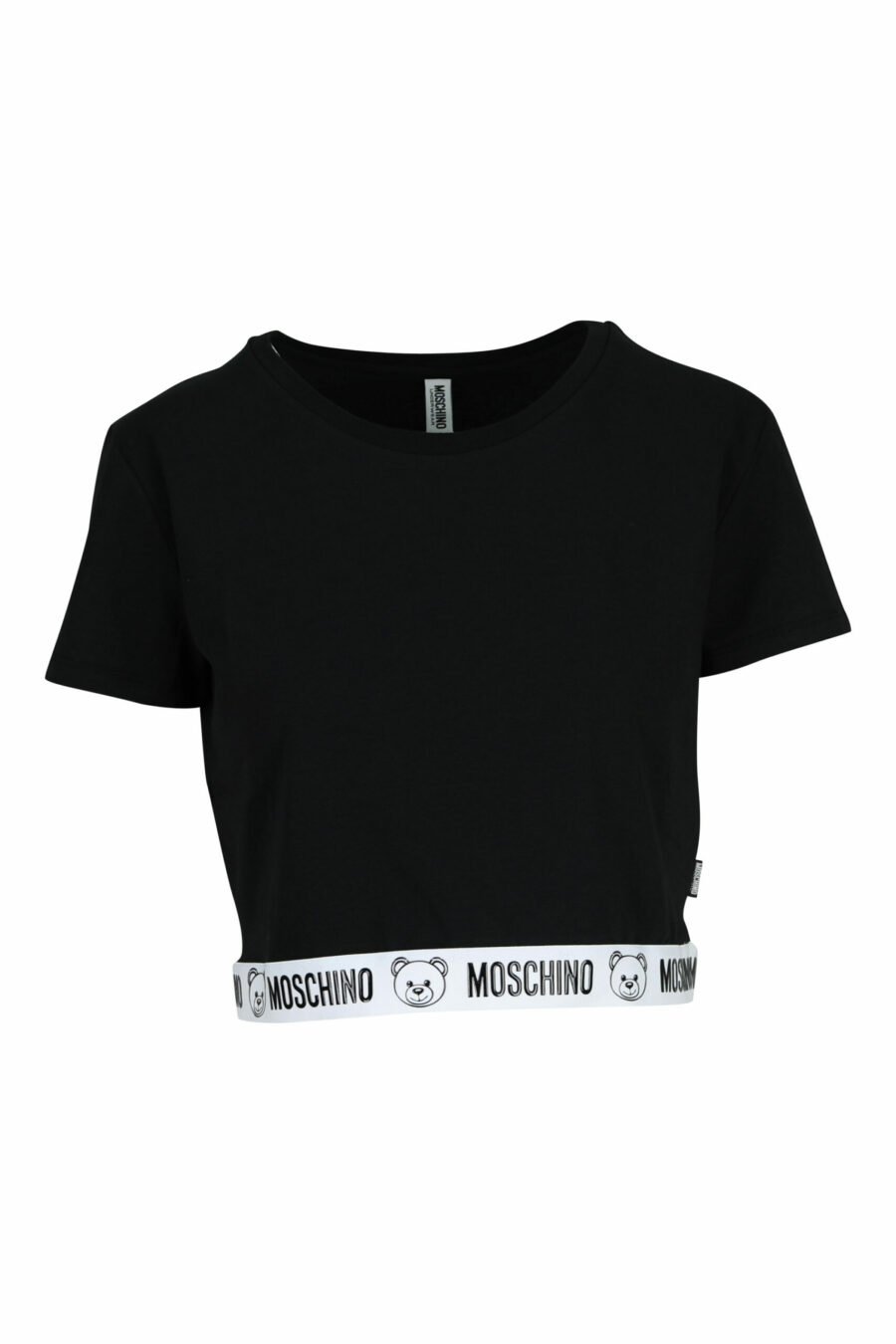 Short black T-shirt with bear logo on white ribbon - 667113355283 scaled