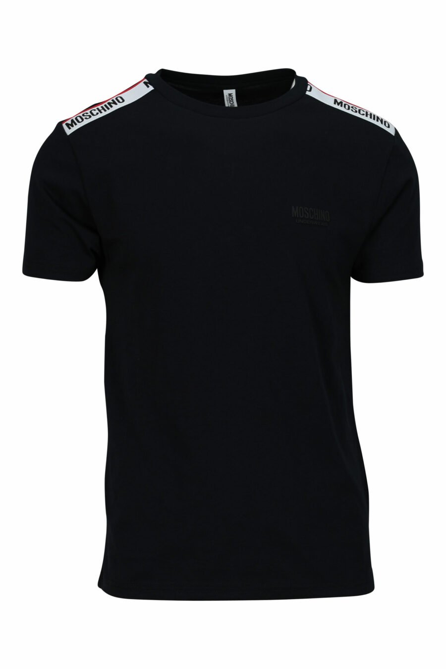 Black T-shirt with white logo with red ribbon detail on shoulders - 667113604275 scaled