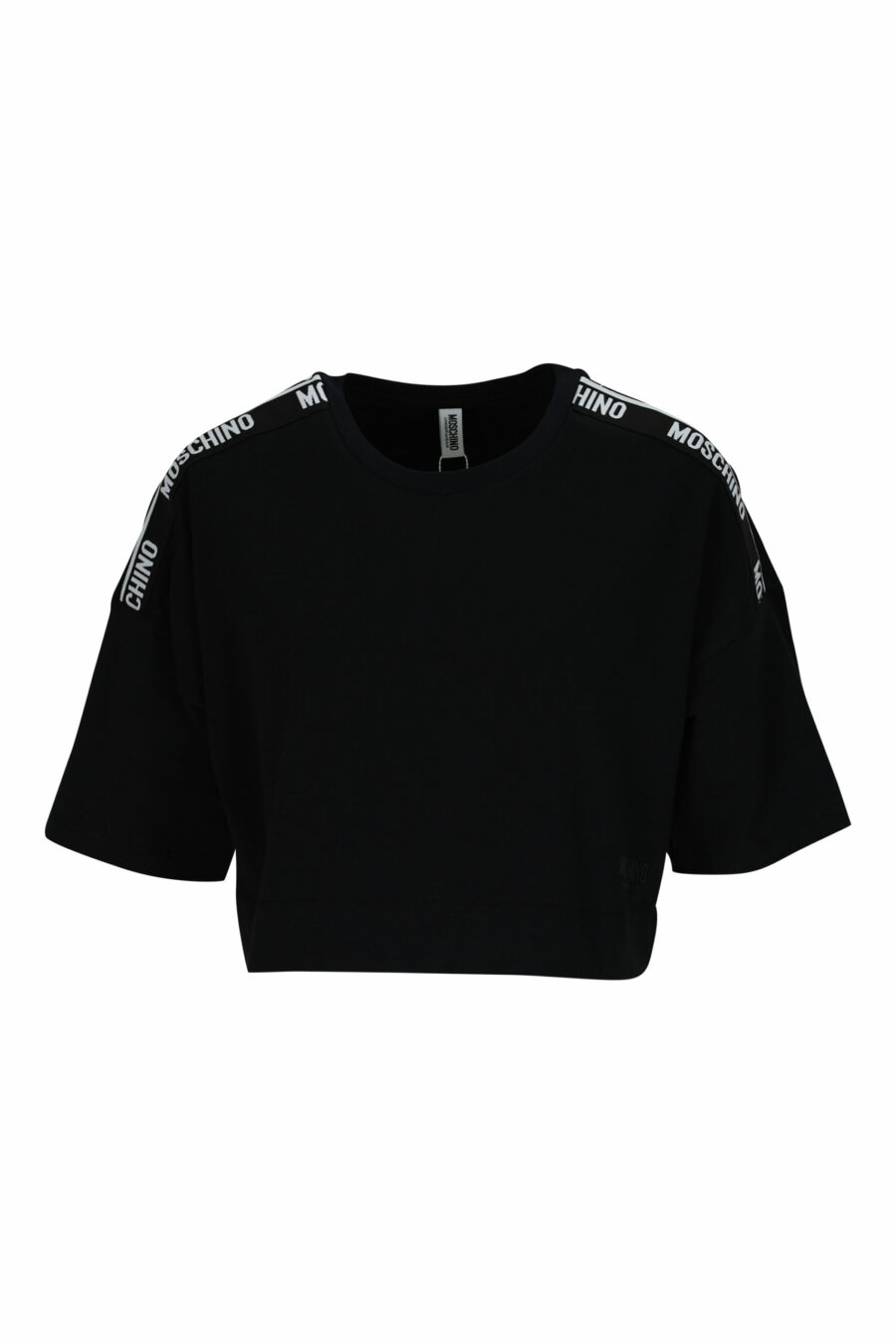 Camiseta negra corta con logo en cinta hombros blanco - 667113696454 scaled