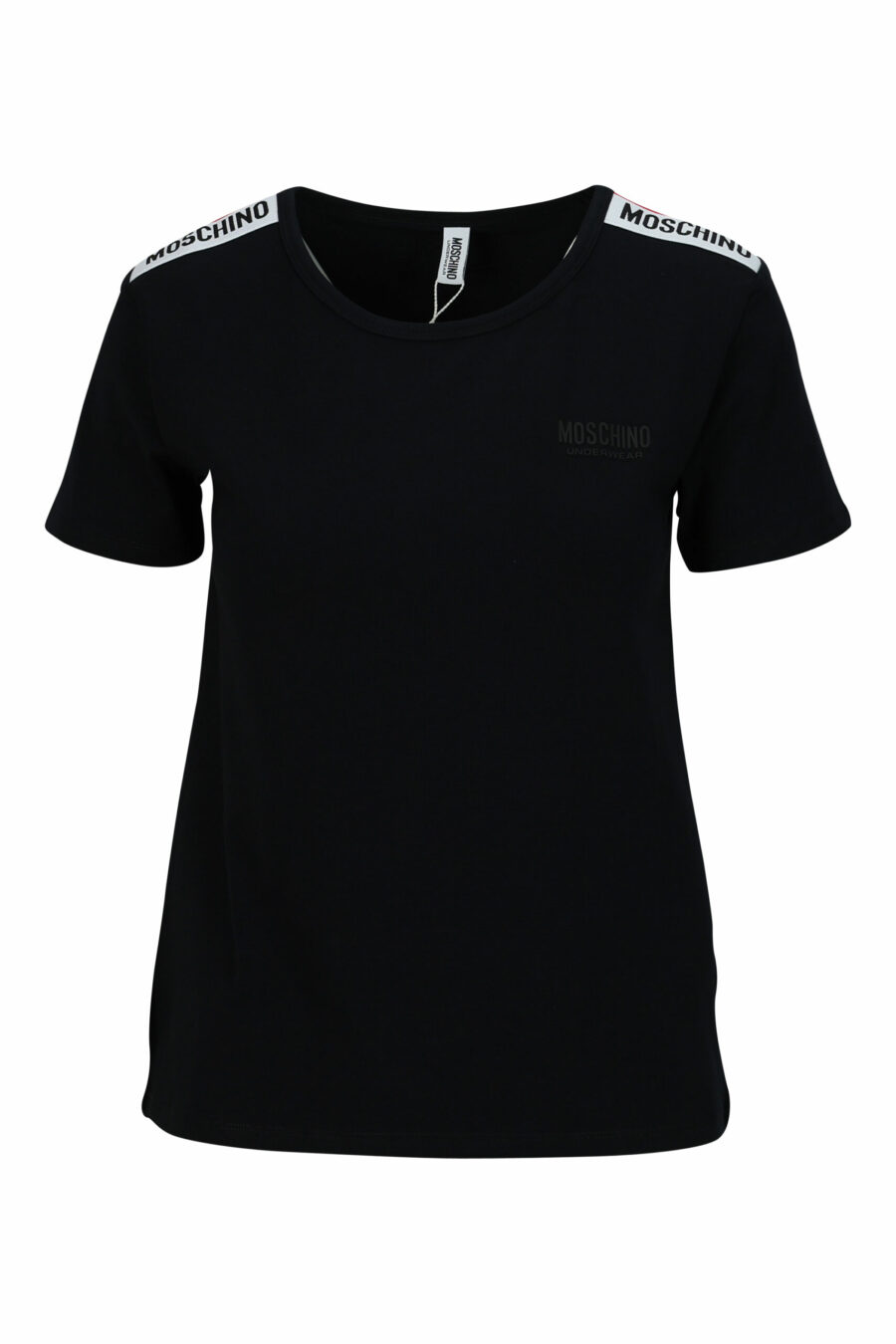 Schwarzes T-Shirt mit monochromem Logo-Schulterband - 667113696690 skaliert