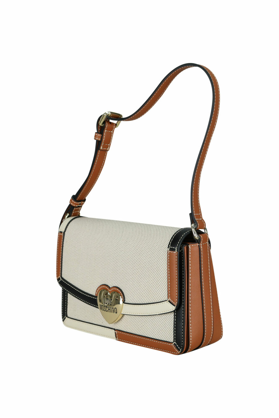 Brown and beige shoulder bag with mini pocket and gold metal heart logo - 8050537398592 1 scaled
