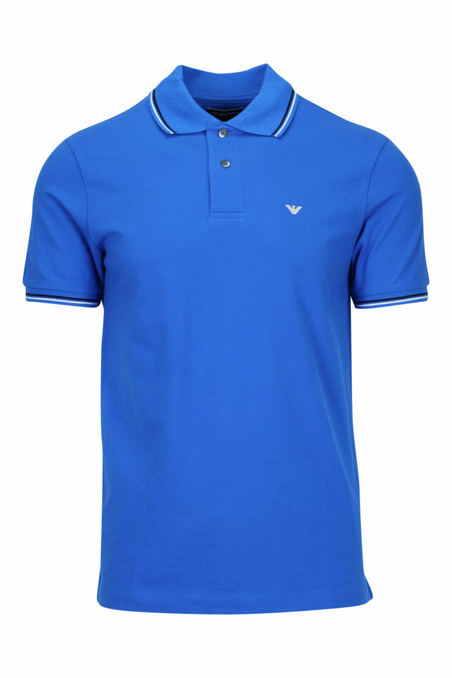 Blue knitted polo shirt with striped collar and mini eagle logo - 8056861421326 scaled
