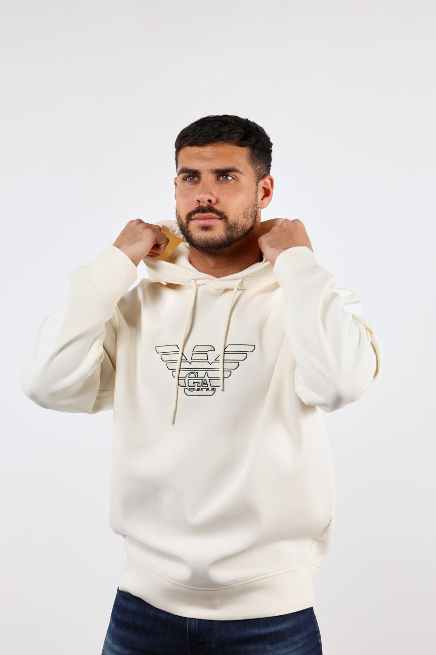 Cream hooded sweatshirt with eagle maxilogue - BLS Fashion 121