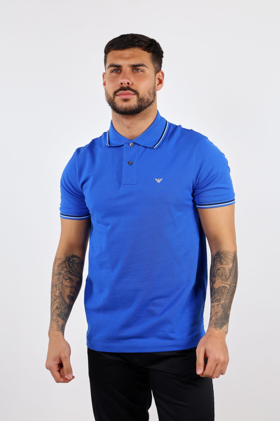 Blue knitted polo shirt with striped collar and mini eagle logo - BLS Fashion 55