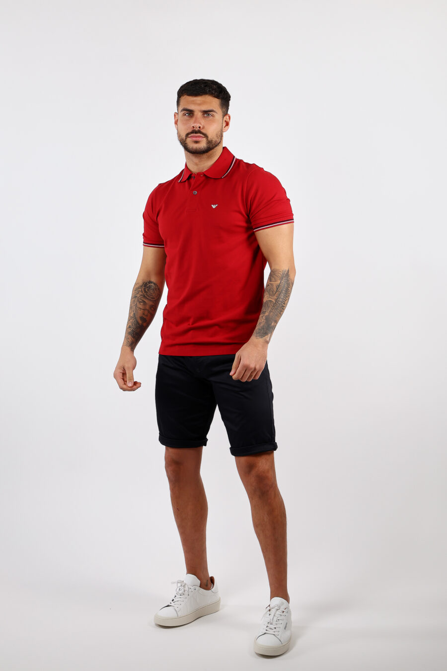 Red knitted polo shirt with striped collar and mini eagle logo - BLS Fashion 64