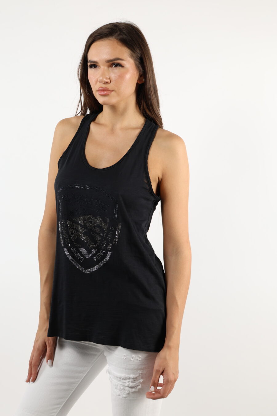 Camiseta negra sin mangas con maxilogo "strass" - 110606